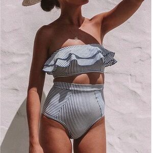 Black  White Striped Frill Bandeau Bikini Top Size Small